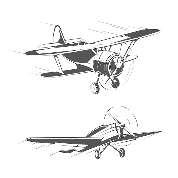 Avions biplan et monoplan pour emblèmes vintage, badges et logos vectoriels. Illustration de transport avion aviation