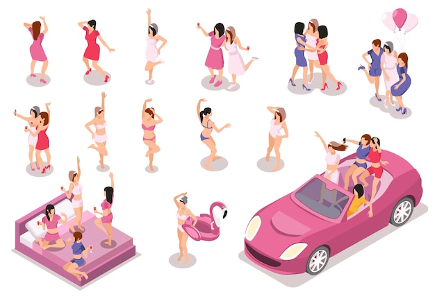 Vecteur gratuit bachelorette party enterrement de vie de jeune fille isométrique sertie d'icônes isolées personnages féminins dansant étreindre et boire de l'alcool illustration vectorielle