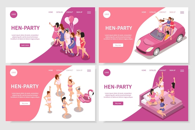 Vecteur gratuit bachelorette party hen party ensemble de pages de destination de site web avec des images isométriques et des liens de texte cliquables illustration vectorielle