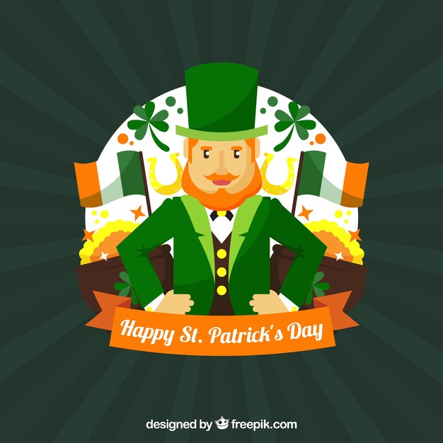 Vecteur gratuit background sunburst avec leprechaun heureux pour le jour de st patrick