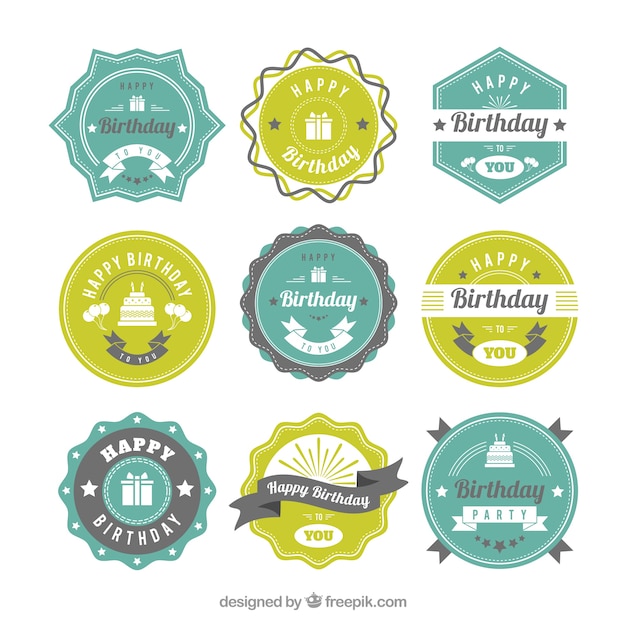 Vecteur gratuit badges d'anniversaire vert et bleu