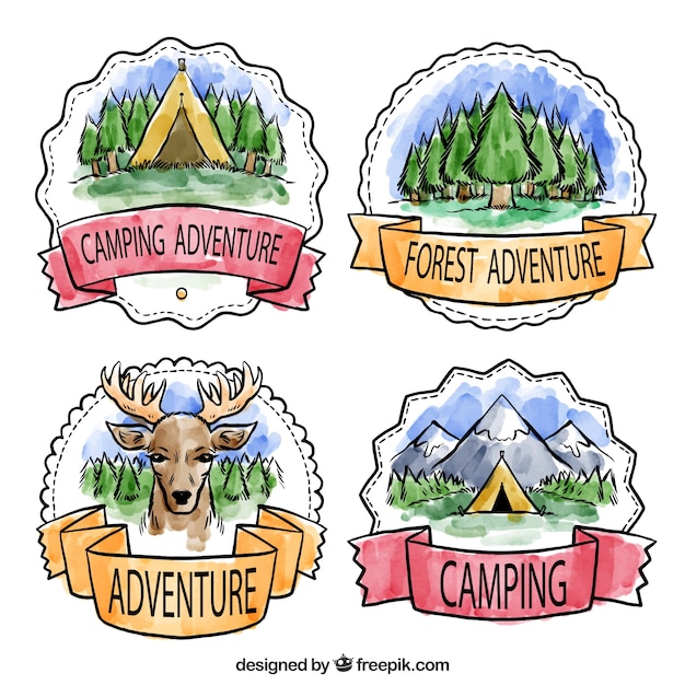 Vecteur gratuit badges d'aventure dans le style d'aquarelle