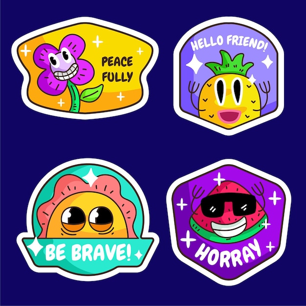 Badges et étiquettes de dessin animé tendance design plat dessinés à la main