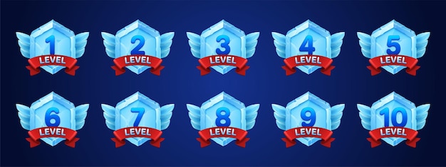 Badges de glace de jeu avec ruban rouge de numéro de niveau
