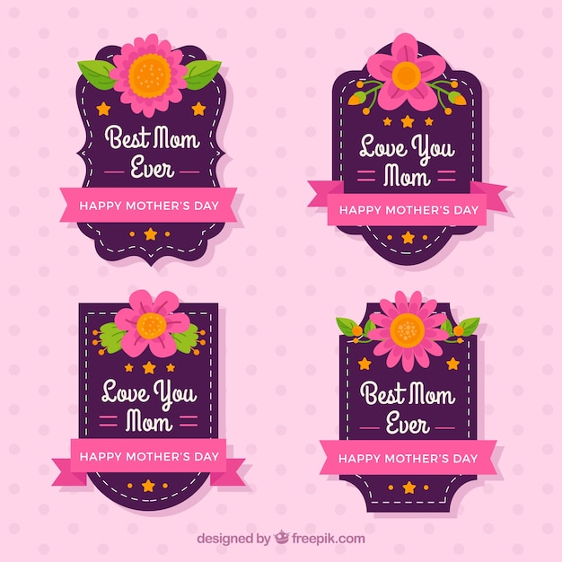 Vecteur gratuit les badges jour de mère fantastique avec des rubans roses et des fleurs