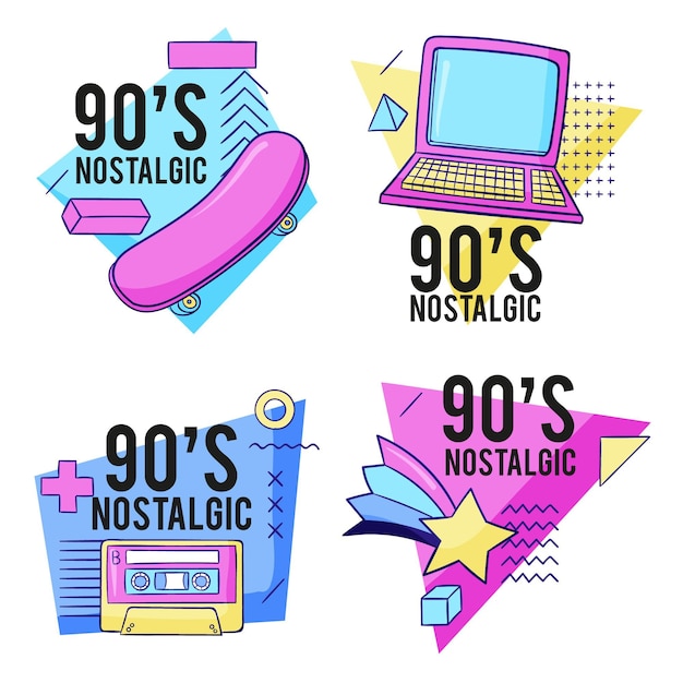 Vecteur gratuit badges nostalgiques des années 90 dessinés à la main