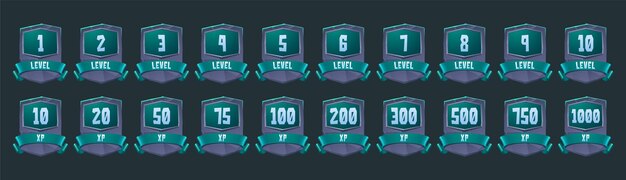 Badges en pierre avec numéro de niveau et xp pour le jeu