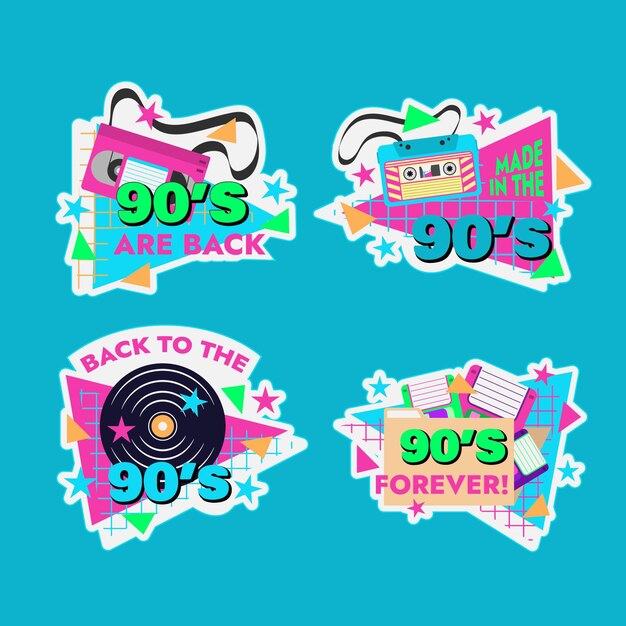 Badges plats nostalgiques des années 90 dessinés à la main