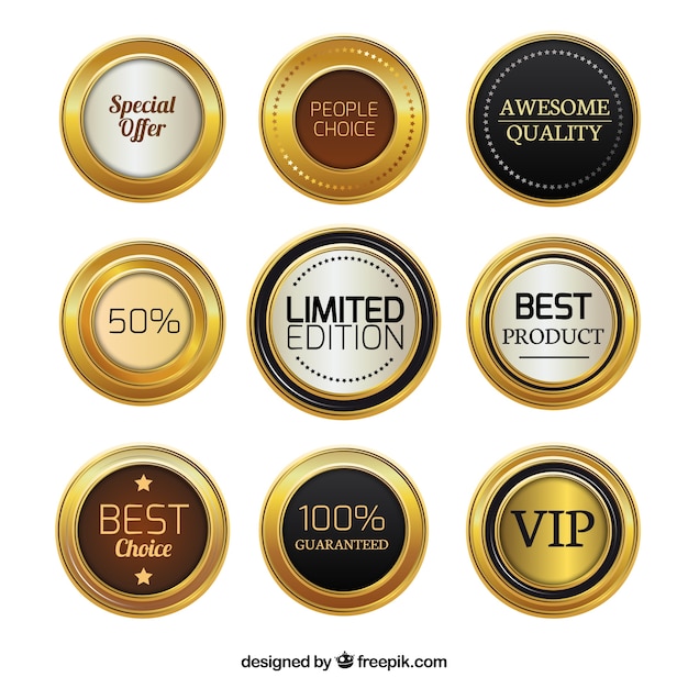 Vecteur gratuit badges de promotion d'or