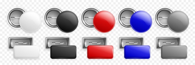 Vecteur gratuit badges ronds et rectangulaires brillants de différentes couleurs ensemble réaliste de vues avant et arrière isolé sur illustration vectorielle de fond transparent