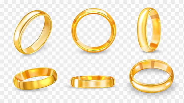 Vecteur gratuit bague de mariage réaliste sertie de six vues isolées de bague dorée de luxe brillant sous différents angles illustration vectorielle