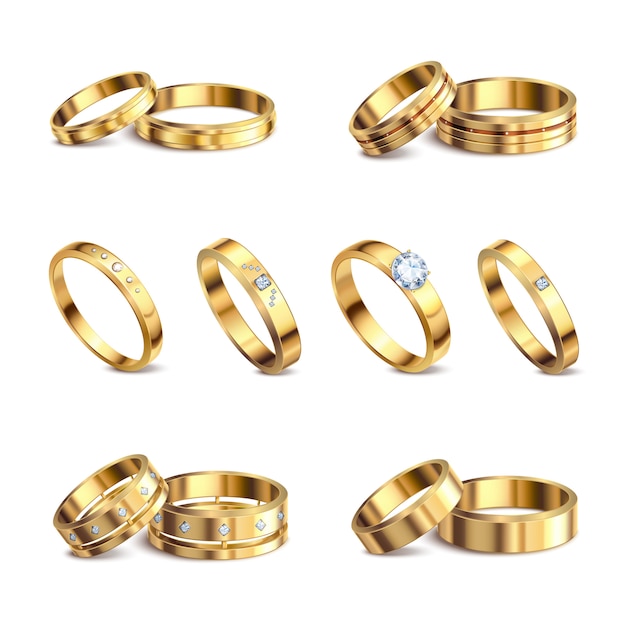 Bagues de mariage en or 6 ensembles isolés réalistes en métal noble avec des bijoux en diamants sur fond blanc illustration