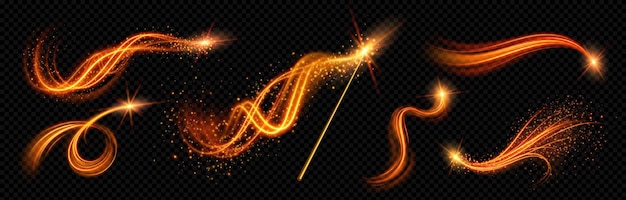 Vecteur gratuit baguette magique réaliste avec ensemble d'effets de vortex de lumière orange isolés sur fond transparent illustration vectoriel de lignes lumineuses avec des particules de paillettes brillantes énergie magique tourbillon assistant sort