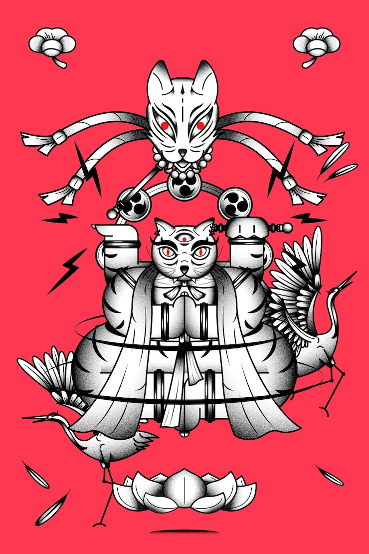 Vecteur gratuit bakeneko avec tambours raijin, élément de chat monstre japonais sur un vecteur de fond rouge