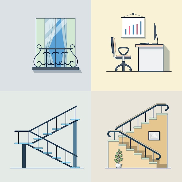 Balcon bureau échelle de travail échelle linéaire contour architecture ensemble d'éléments de construction. Icônes de style plat contour de trait linéaire. Collection d'icônes de couleur.