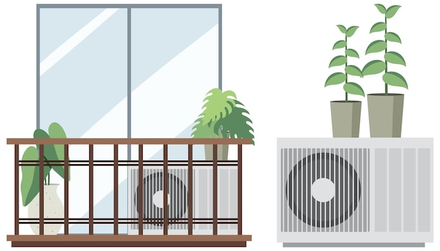 Vecteur gratuit balcon jardin plat avec air conditionné sur fond blanc