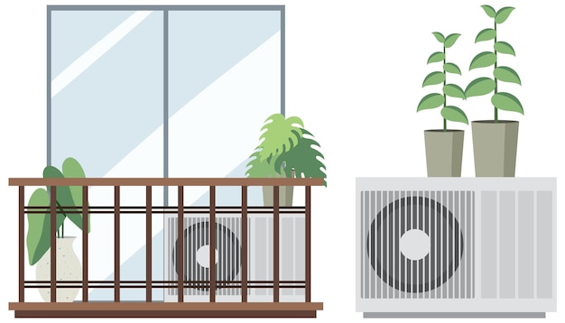 Balcon Jardin Plat Avec Air Conditionné Sur Fond Blanc