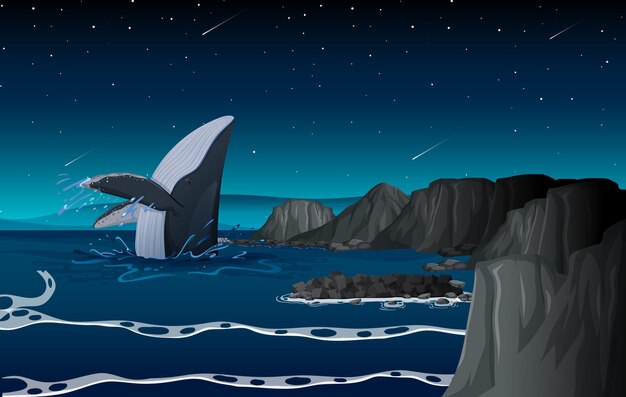 Baleine à bosse dans l'océan la nuit