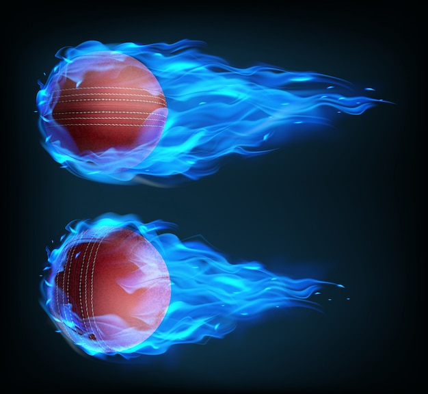 Balles De Cricket Volant Réalistes Dans Le Feu Bleu