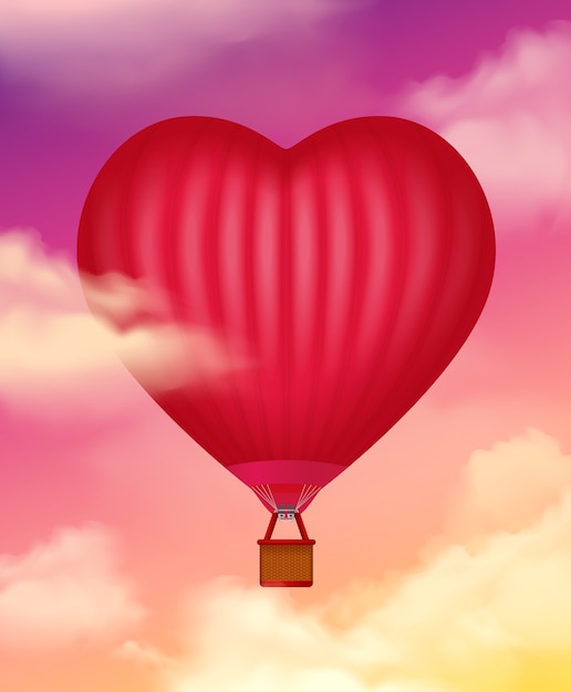 Ballon à air en forme de coeur réaliste avec des nuages