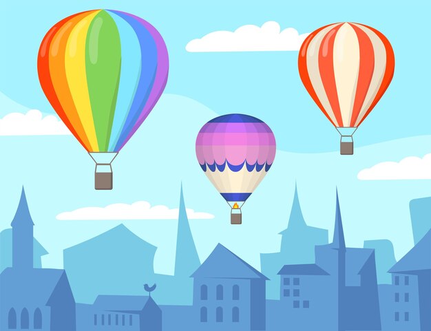 Ballons à air au-dessus de l'illustration de dessin animé de ville