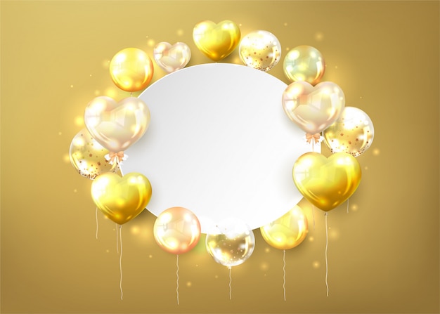 Vecteur gratuit ballons d'or avec copie espace en forme de coeur sur fond d'or