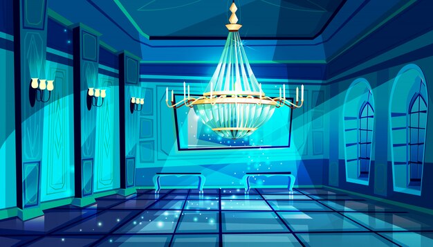 Ballroom in night illustration de la salle du palais avec lustre en cristal et de la lune magique de minuit