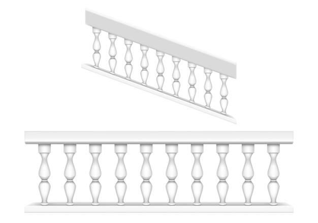 Balustrade en marbre blanc pour balcon, porche ou jardin et main courante pour escalier de style romain classique. ensemble réaliste de balustrade en pierre baroque, rampe avec piliers, clôture antique avec colonnes