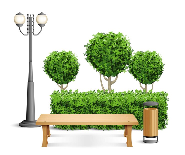Vecteur gratuit banc en bois de composition de banc de parc réaliste dans le parc entouré de buissons verts et d'arbres avec une poubelle et une illustration vectorielle de lampadaire