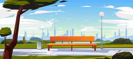 Vecteur gratuit banc dans le paysage de l'heure d'été avec vue sur la ville