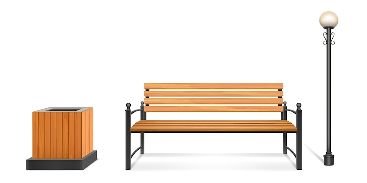 Vecteur gratuit banc de parc en bois, lampadaire et poubelle, siège extérieur en bois avec pieds et accoudoirs forgés, lanterne sur poteau en métal et poubelle. meubles de trottoir de ville ou de parc. ensemble 3d réaliste