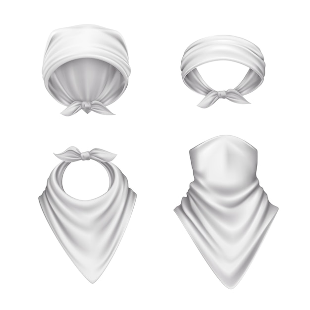 Bandana écharpe chamois mouchoir ensemble réaliste de couvre-chefs blancs isolés avec des plis sur illustration vectorielle fond blanc