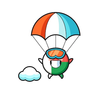 La bande dessinée de mascotte d'insigne de drapeau de madagascar saute en parachute avec un geste heureux, un design mignon