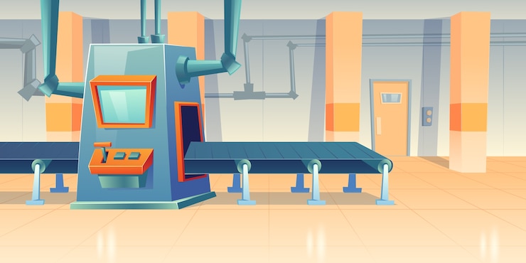 Vecteur gratuit bande transporteuse et machine d'assemblage en usine, usine ou entrepôt. dessin animé intérieur de la ligne de production d'atelier avec des machines automatisées. équipement d'ingénierie en usine