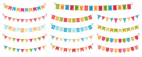 Vecteur gratuit banderoles de fête. drapeaux triangulaires en papier de couleur collectés et drapés de guirlandes, bruants joyeux anniversaire