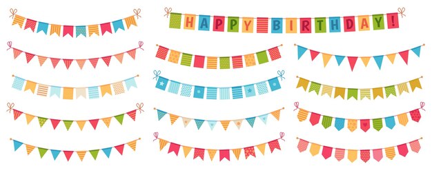 Banderoles de fête. Drapeaux triangulaires en papier de couleur collectés et drapés de guirlandes, bruants joyeux anniversaire