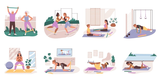 Vecteur gratuit bandes élastiques de remise en forme ensemble plat de compositions isolées avec des vues de doodle de personnes avec illustration vectorielle de matériel d'entraînement