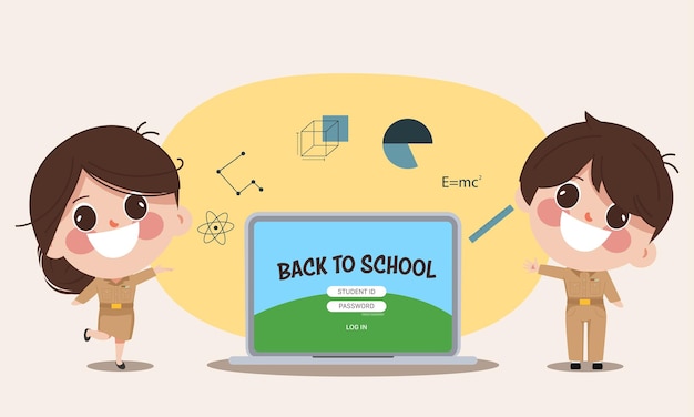 Vecteur gratuit bangkok thaïlande enseignant éducation scolaire en ligne retour à l'école étude en ligne avec ordinateur portable