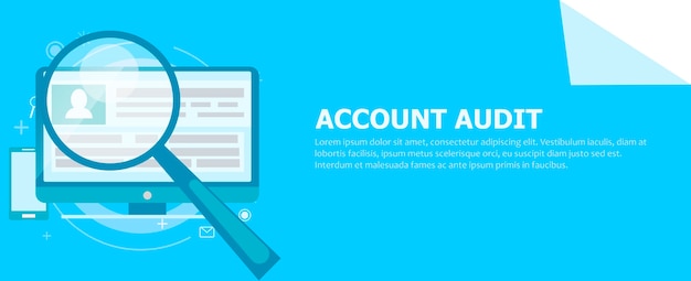 Vecteur gratuit bannière d'audit de compte. un ordinateur avec une loupe pointée dessus.
