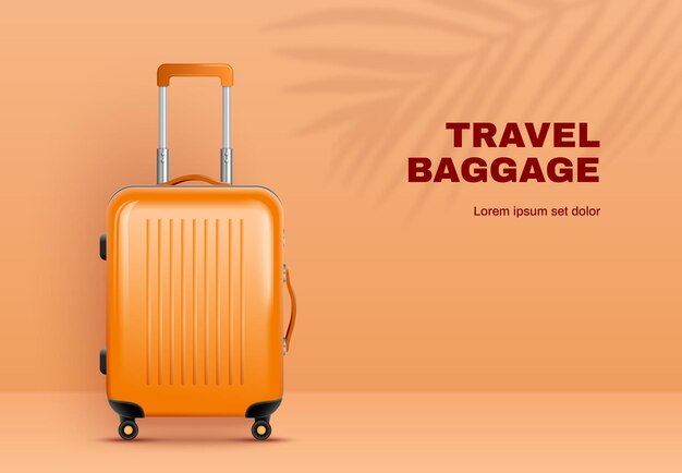 Bannière de bagages de voyage horizontal réaliste avec grande valise en plastique orange et illustration vectorielle d'ombre de palmier