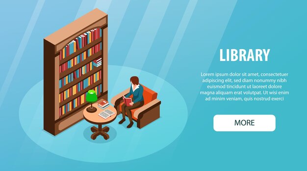 Bannière de bibliothèque isométrique avec femme lisant un livre près de l'illustration vectorielle de bibliothèque