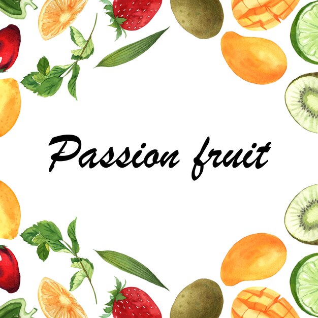 Bannière de cadre de fruits tropicaux avec texte, fruit de la passion avec kiwi, ananas, motif fruité