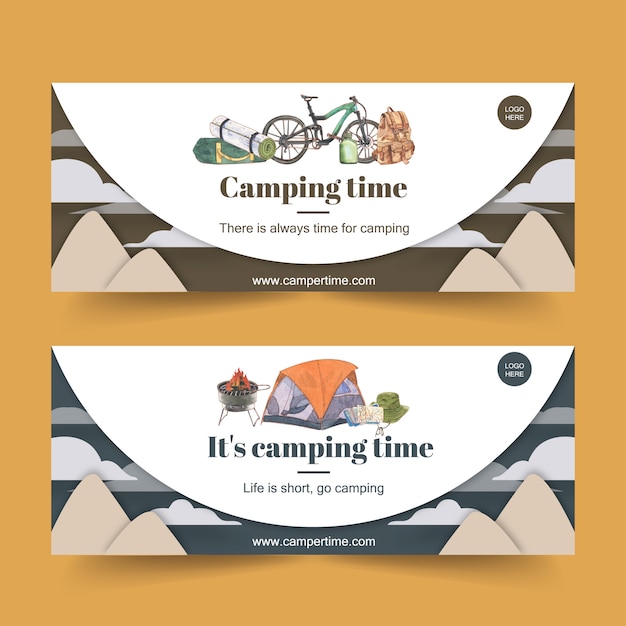 Bannière De Camping Avec Illustrations De Bicyclette, Chapeau De Seau Et Sac à Dos