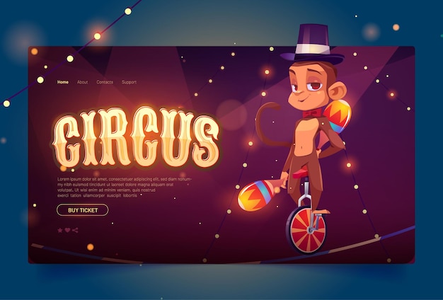 Bannière de cirque avec jongleur de singe mignon sur monocycle. Page de destination de vecteur de représentation de carnaval avec des animaux avec un singe drôle d'illustration de dessin animé avec des clubs de jongle sur monocycle