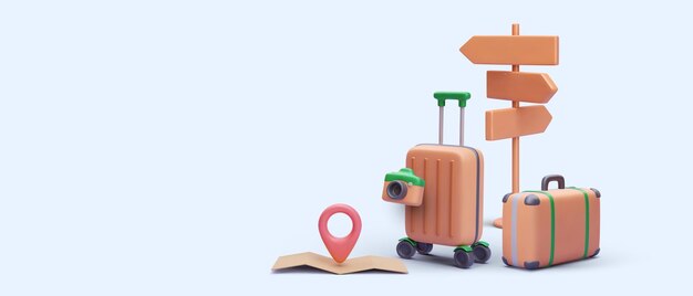 Bannière de concept pour le tourisme dans un style réaliste avec caméra de valise de signe de route de pointeur de carte Illustration vectorielle