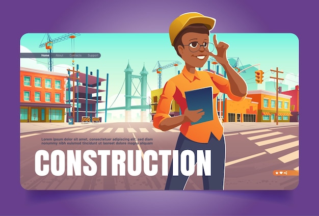 Vecteur gratuit bannière de construction avec une femme ingénieure dans la rue de la ville avec des travaux de construction. page de destination vectorielle avec illustration de dessin animé du paysage urbain avec chantier de construction, grues à tour et architecte fille en casque