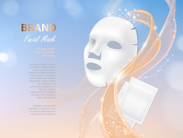 Bannière cosmétique avec masque facial réaliste 3d et paquet blanc