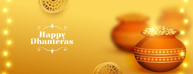 Vecteur gratuit bannière culturelle indienne heureuse dhanteras avec vecteur de pot de pièce d'or