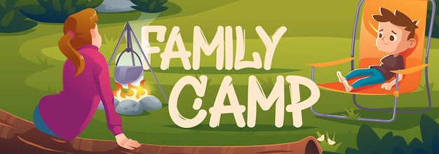 Bannière de dessin animé de camp familial, enfants en forêt