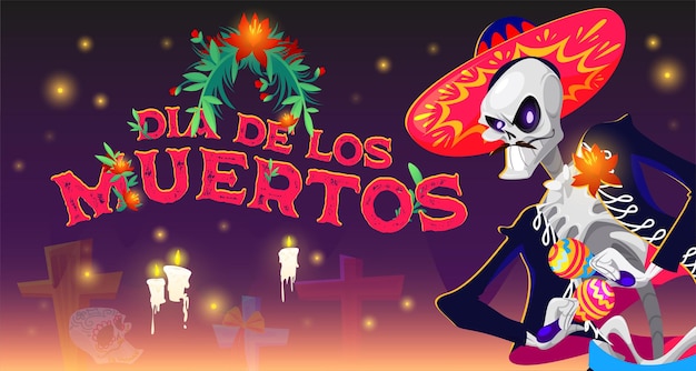 Bannière de dessin animé Dia de los muertos, Journée mexicaine